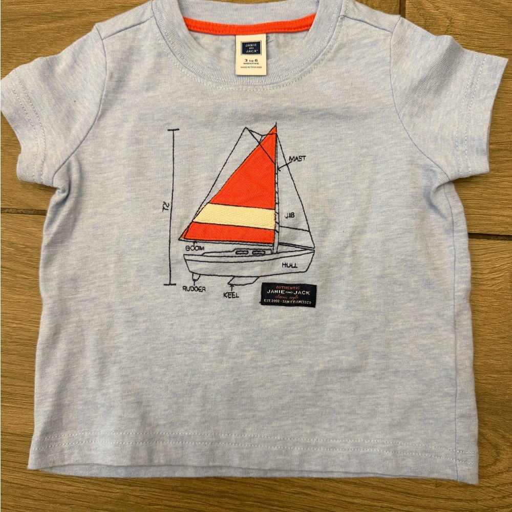 Janie and Jack Light Blue Sailboat Tee with Red and Orange Sails